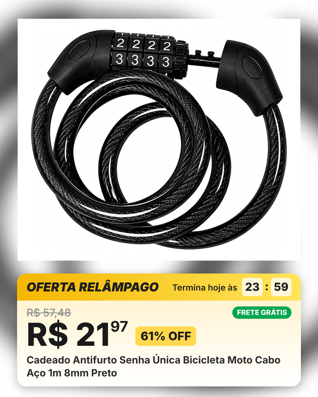 Cadeado Antifurto Senha Única Bicicleta Moto Cabo Aço 1m 8mm Preto