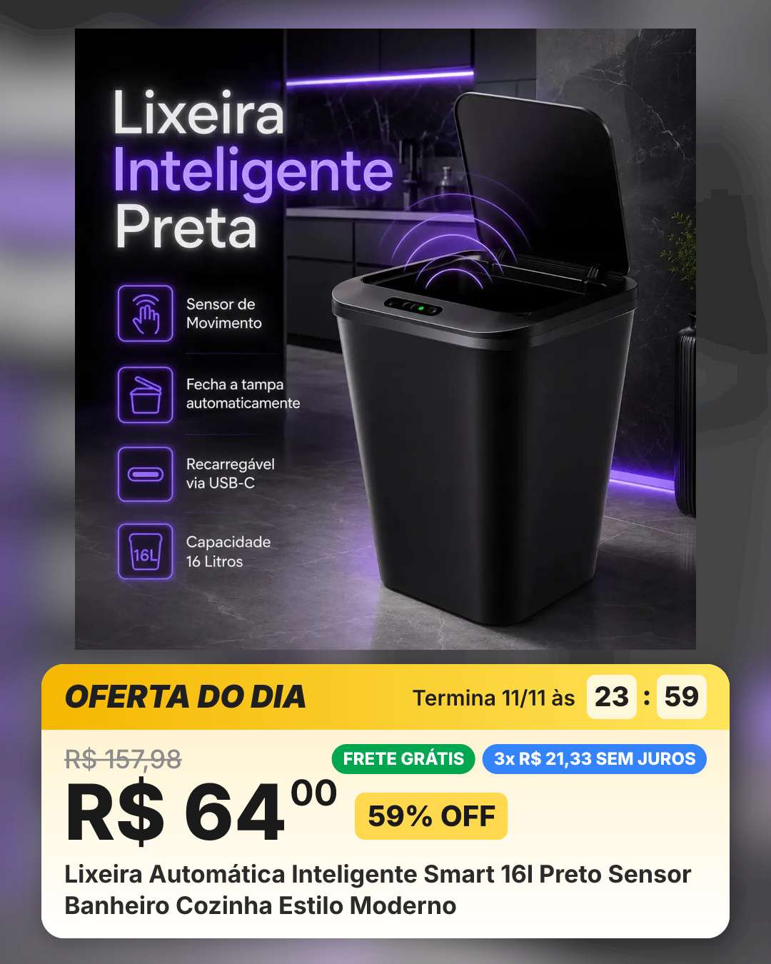 Lixeira Automática Inteligente Smart 16l Preto Sensor Banheiro Cozinha Estilo Moderno