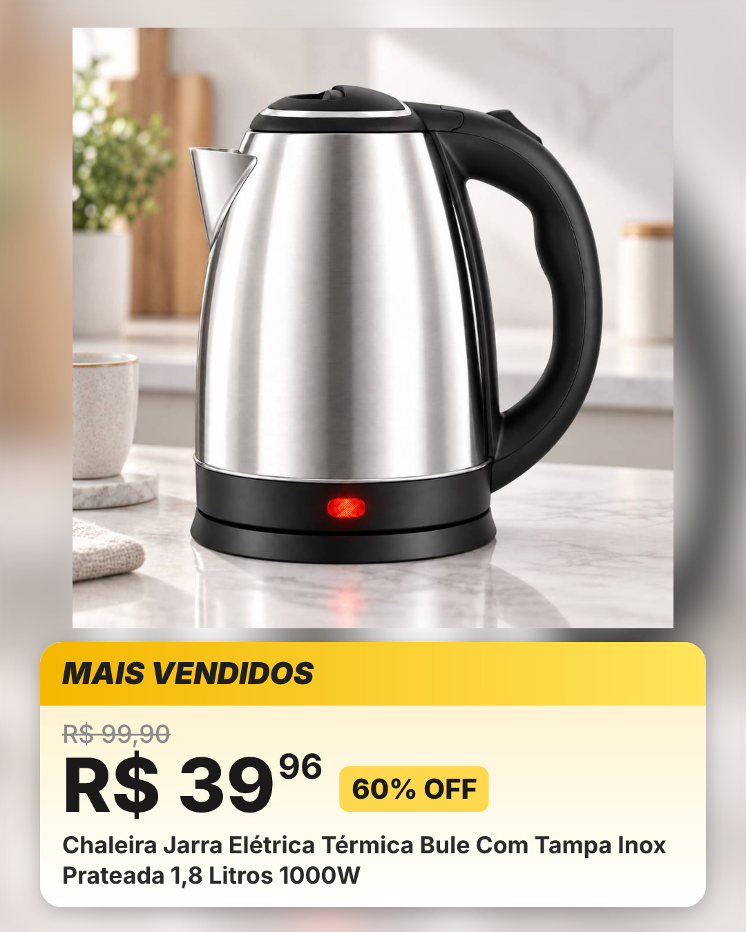 Chaleira Jarra Elétrica Térmica Bule Com Tampa Inox Prateada 1,8 Litros 1000W