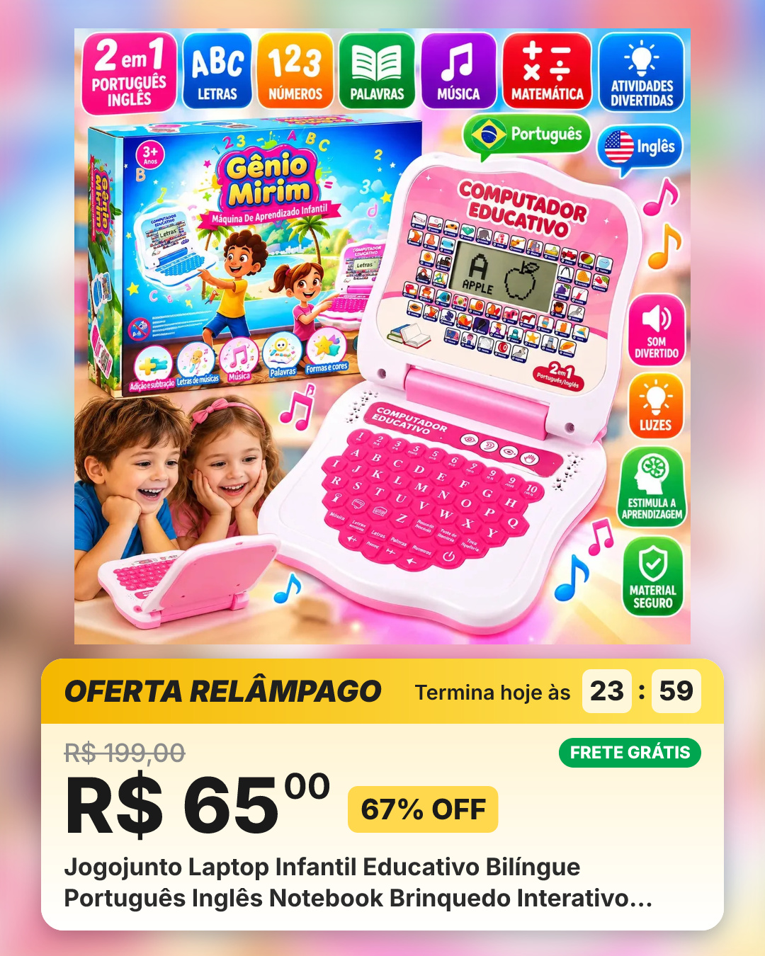 Jogojunto Laptop Infantil Educativo Bilíngue Português Inglês Notebook Brinquedo Interativo Para Crianças Menino Menina Aprender Letras Palavras Matemática Rosa