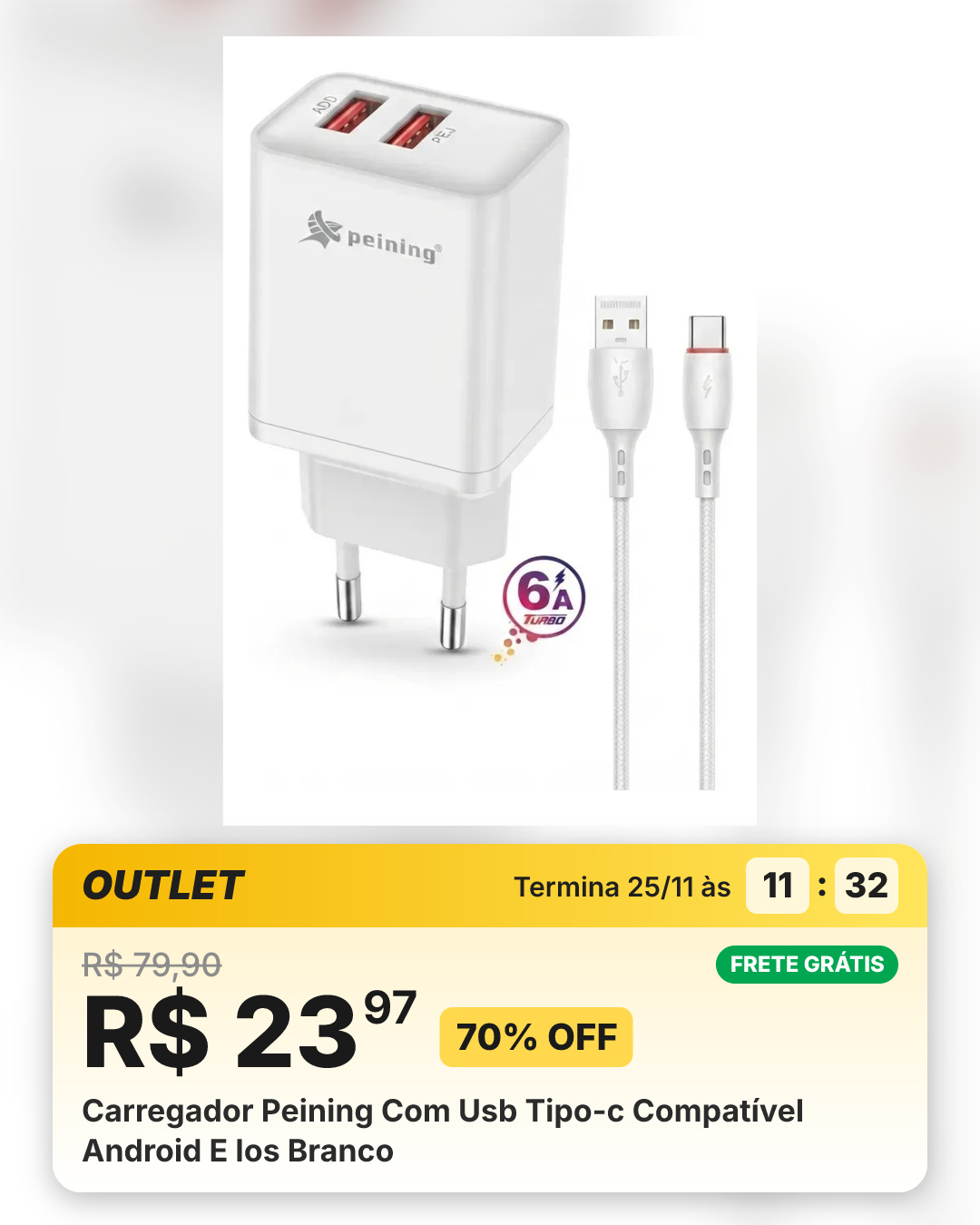 Carregador Peining Com Usb Tipo-c Compatível Android E Ios Branco