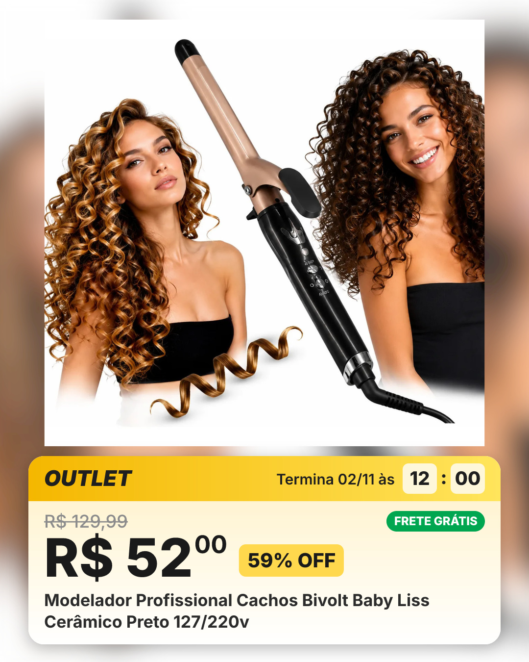 Modelador Profissional Cachos Bivolt Baby Liss Cerâmico Preto 127/220v