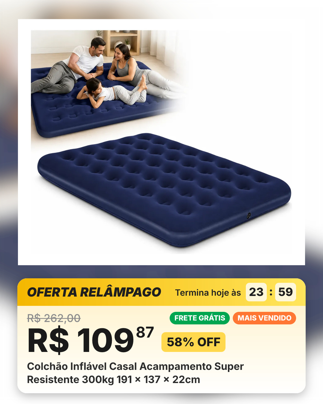 Colchão Inflável Casal Acampamento Super Resistente 300kg 191 × 137 × 22cm
