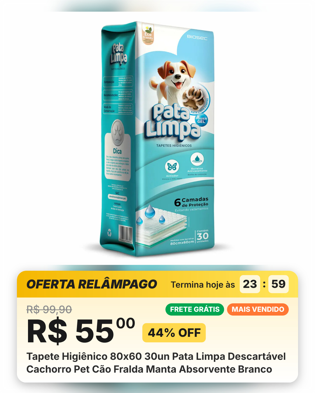 Tapete Higiênico 80x60 30un Pata Limpa Descartável Cachorro Pet Cão Fralda Manta Absorvente Branco