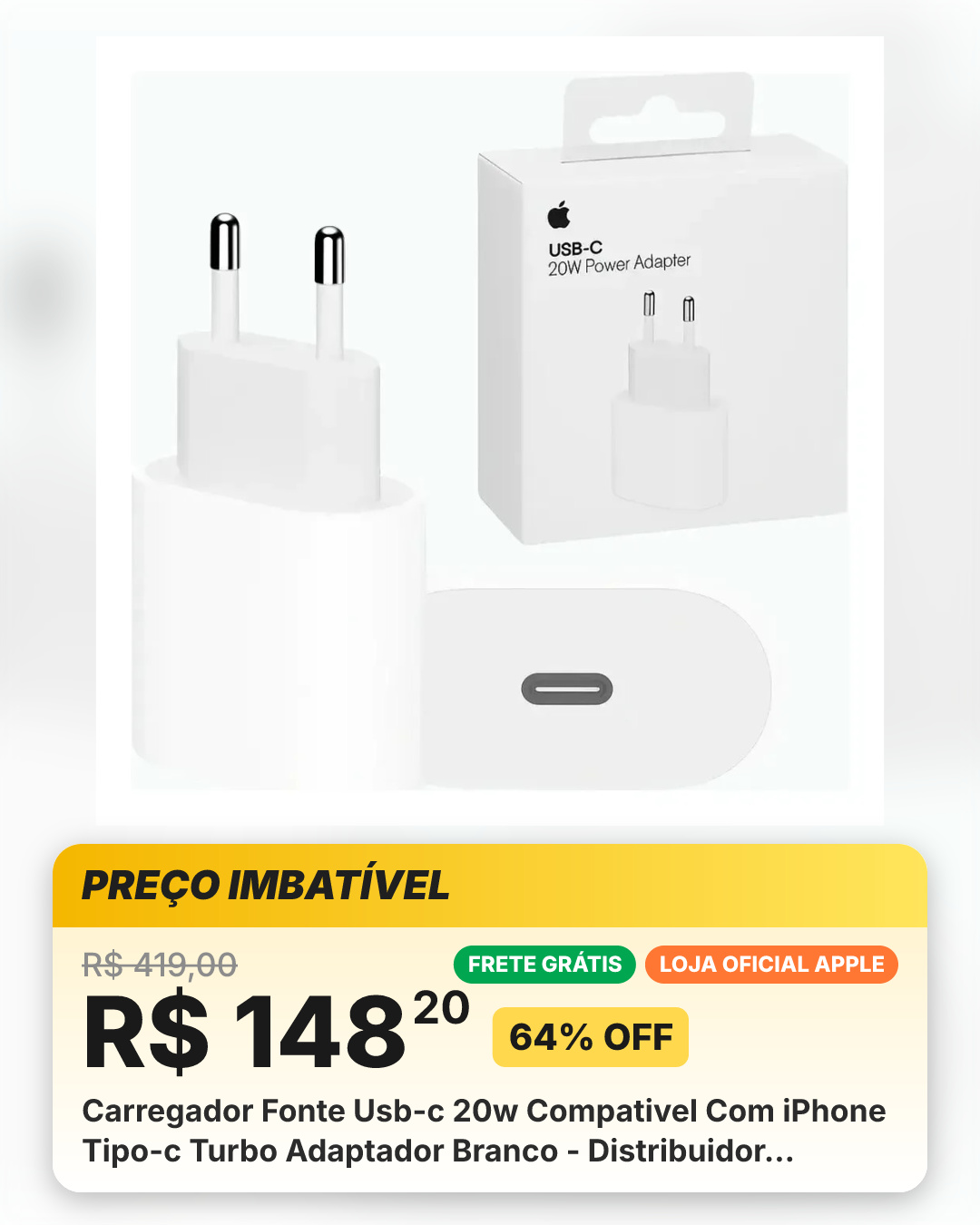 Carregador Fonte Usb-c 20w Compativel Com iPhone Tipo-c Turbo Adaptador Branco - Distribuidor Autorizado