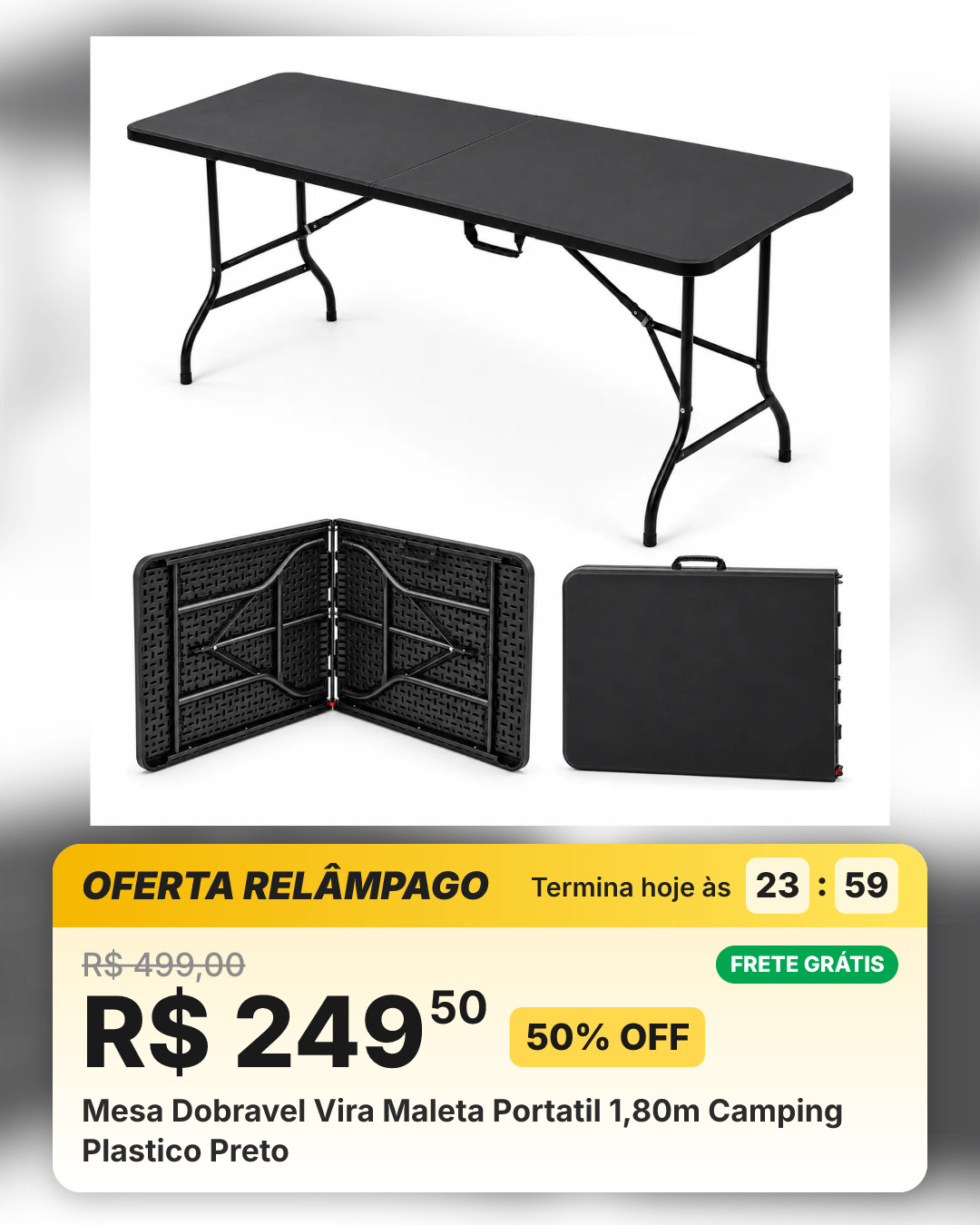 Mesa Dobravel Vira Maleta Portatil 1,80m Camping Plastico Preto
