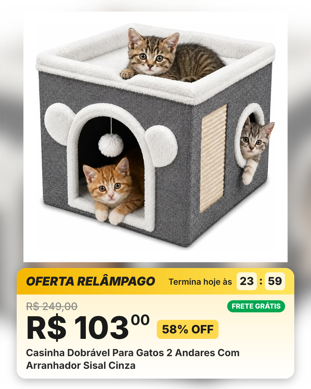Casinha Dobrável Para Gatos 2 Andares Com Arranhador Sisal Cinza