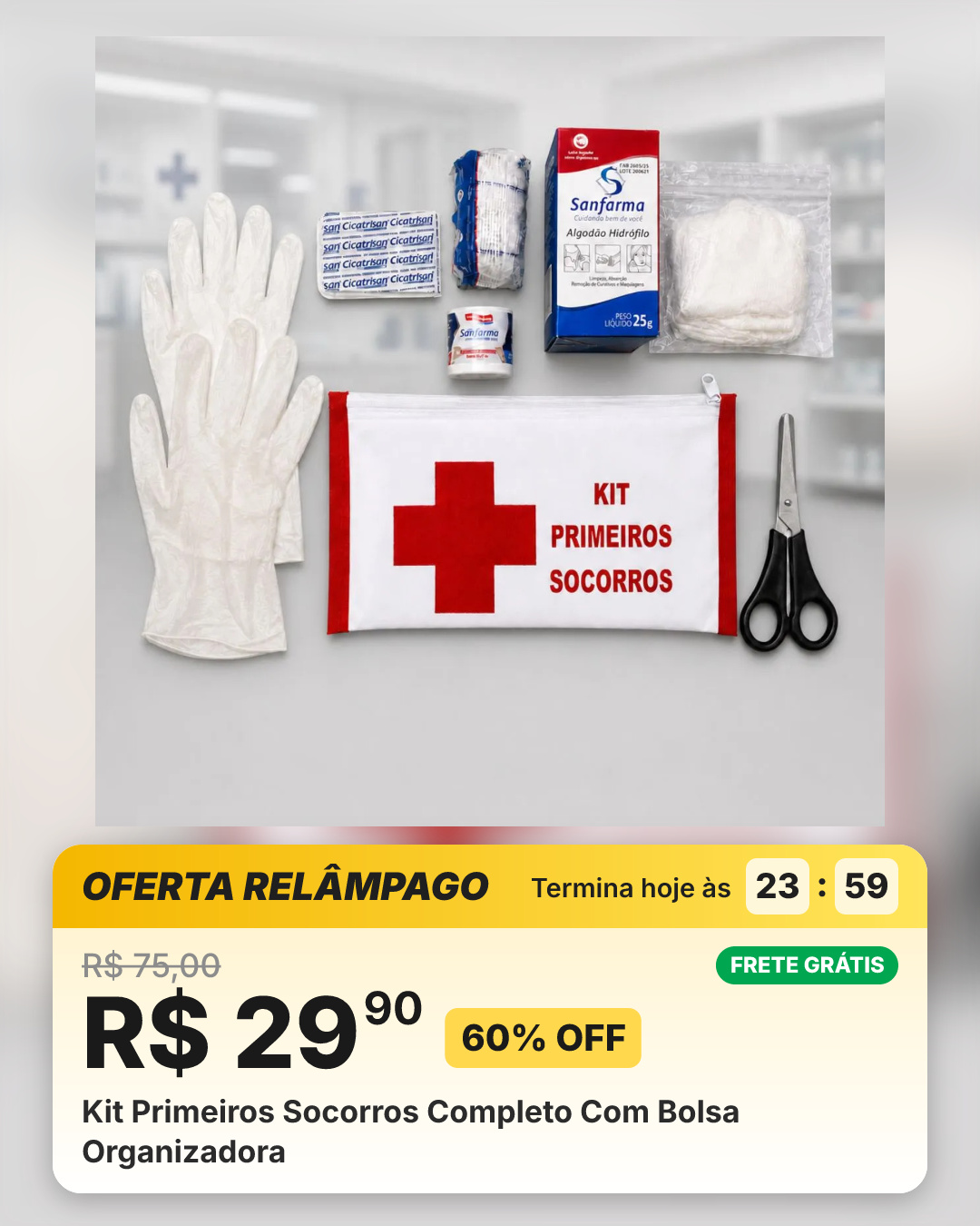 Kit Primeiros Socorros Completo Com Bolsa Organizadora
