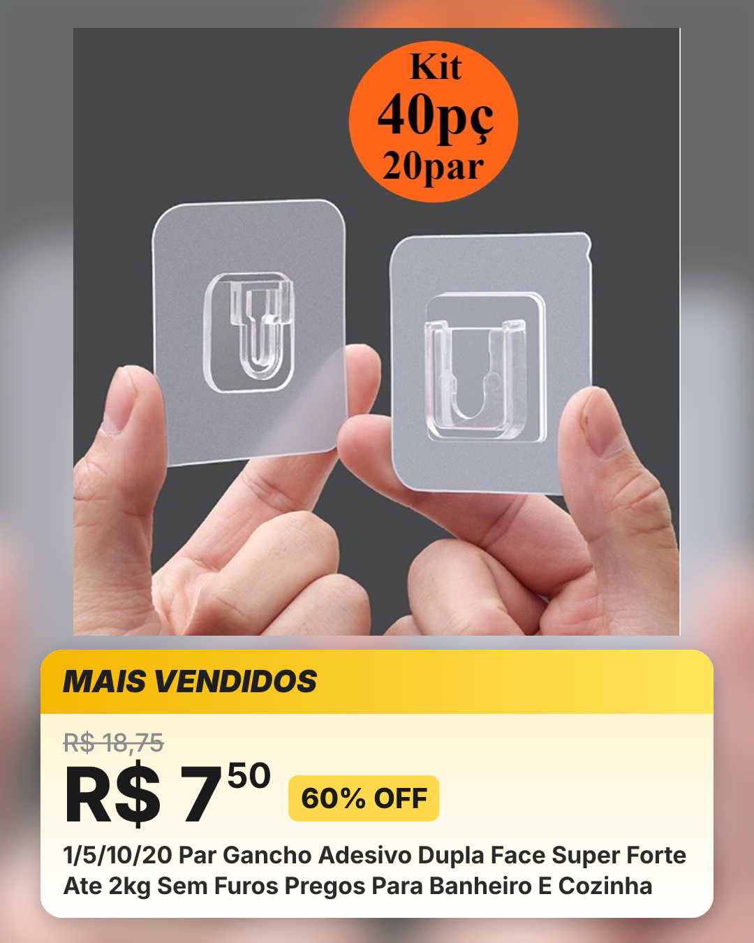 1/5/10/20 Par Gancho Adesivo Dupla Face Super Forte Ate 2kg Sem Furos Pregos Para Banheiro E Cozinha