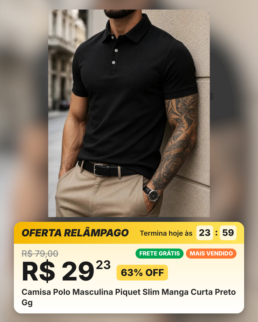 Camisa Polo Masculina Piquet Slim Manga Curta Preto Gg