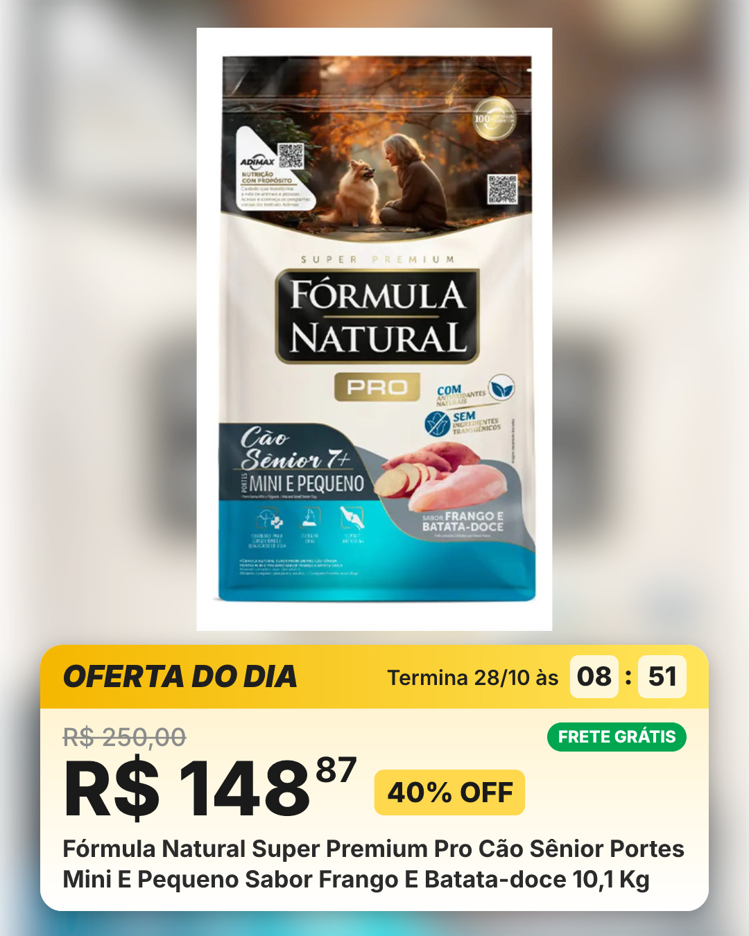 Fórmula Natural Super Premium Pro Cão Sênior Portes Mini E Pequeno Sabor Frango E Batata-doce 10,1 Kg