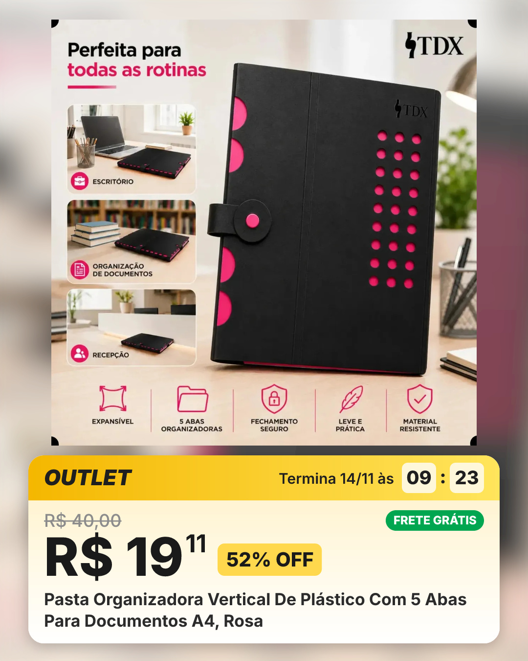 Pasta Organizadora Vertical De Plástico Com 5 Abas Para Documentos A4, Rosa