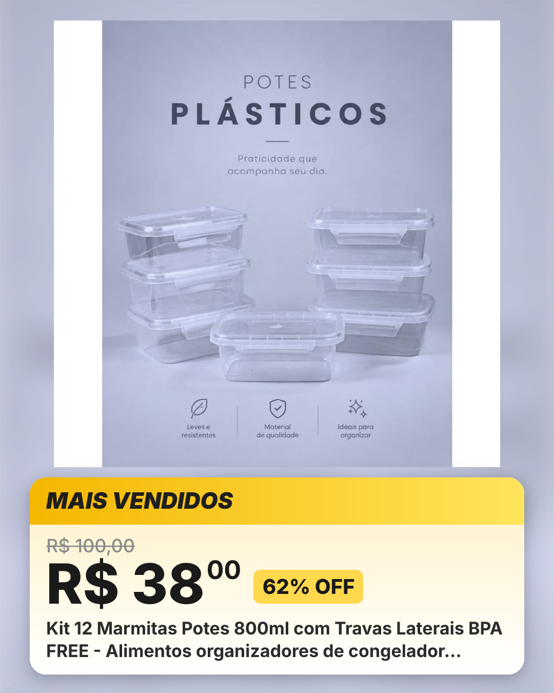 Kit 12 Marmitas Potes 800ml com Travas Laterais BPA FREE - Alimentos organizadores de congelador PLASTICOS
