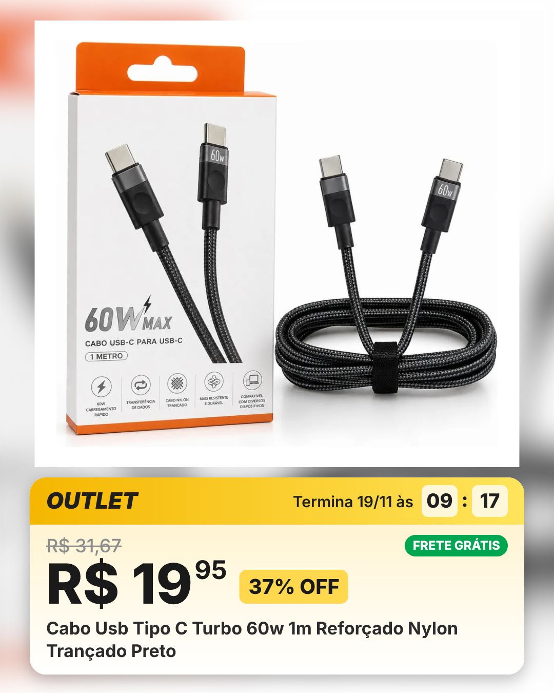 Cabo Usb Tipo C Turbo 60w 1m Reforçado Nylon Trançado Preto