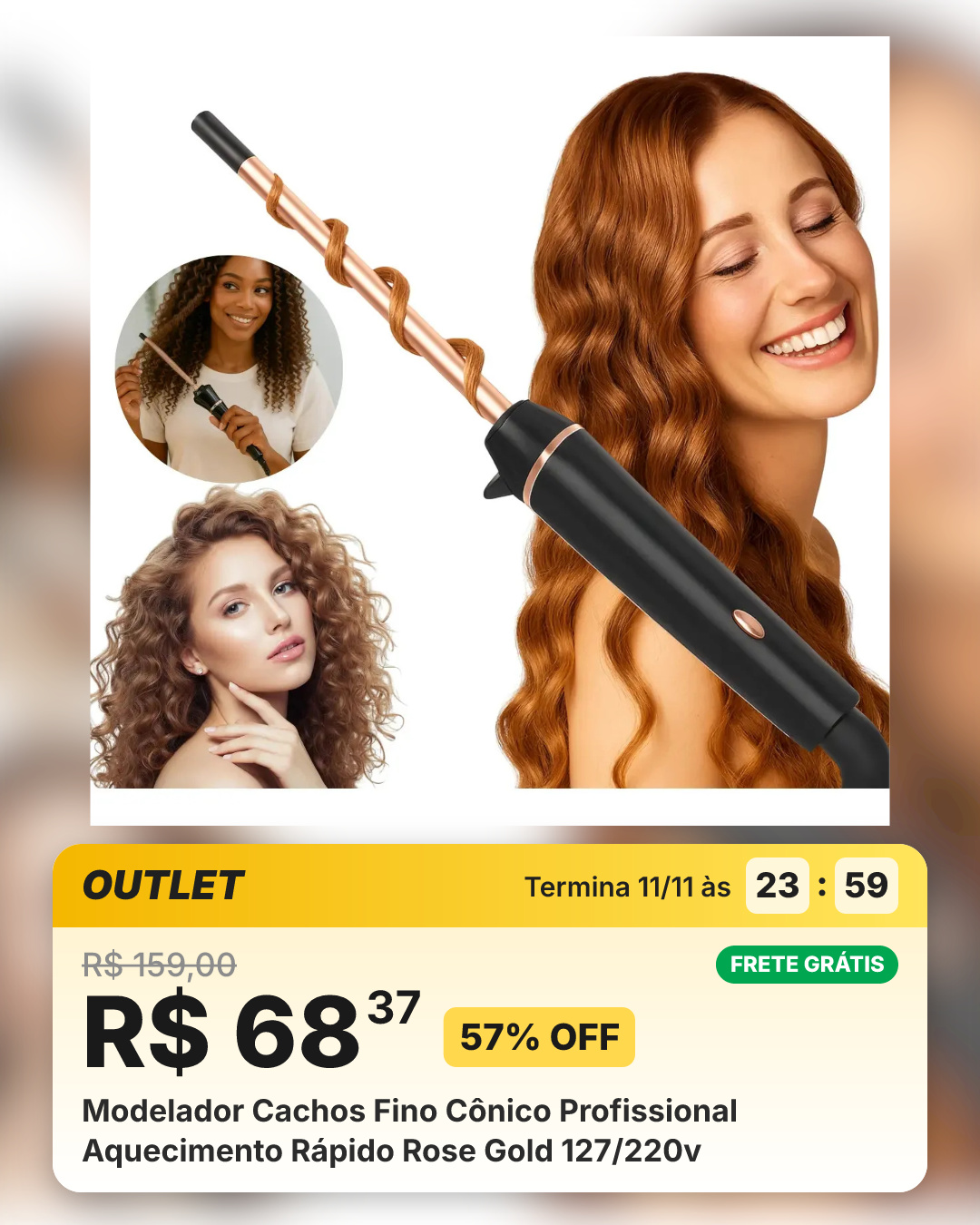 Modelador Cachos Fino Cônico Profissional Aquecimento Rápido Rose Gold 127/220v