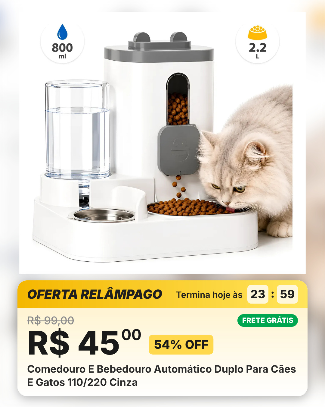 Comedouro E Bebedouro Automático Duplo Para Cães E Gatos 110/220 Cinza