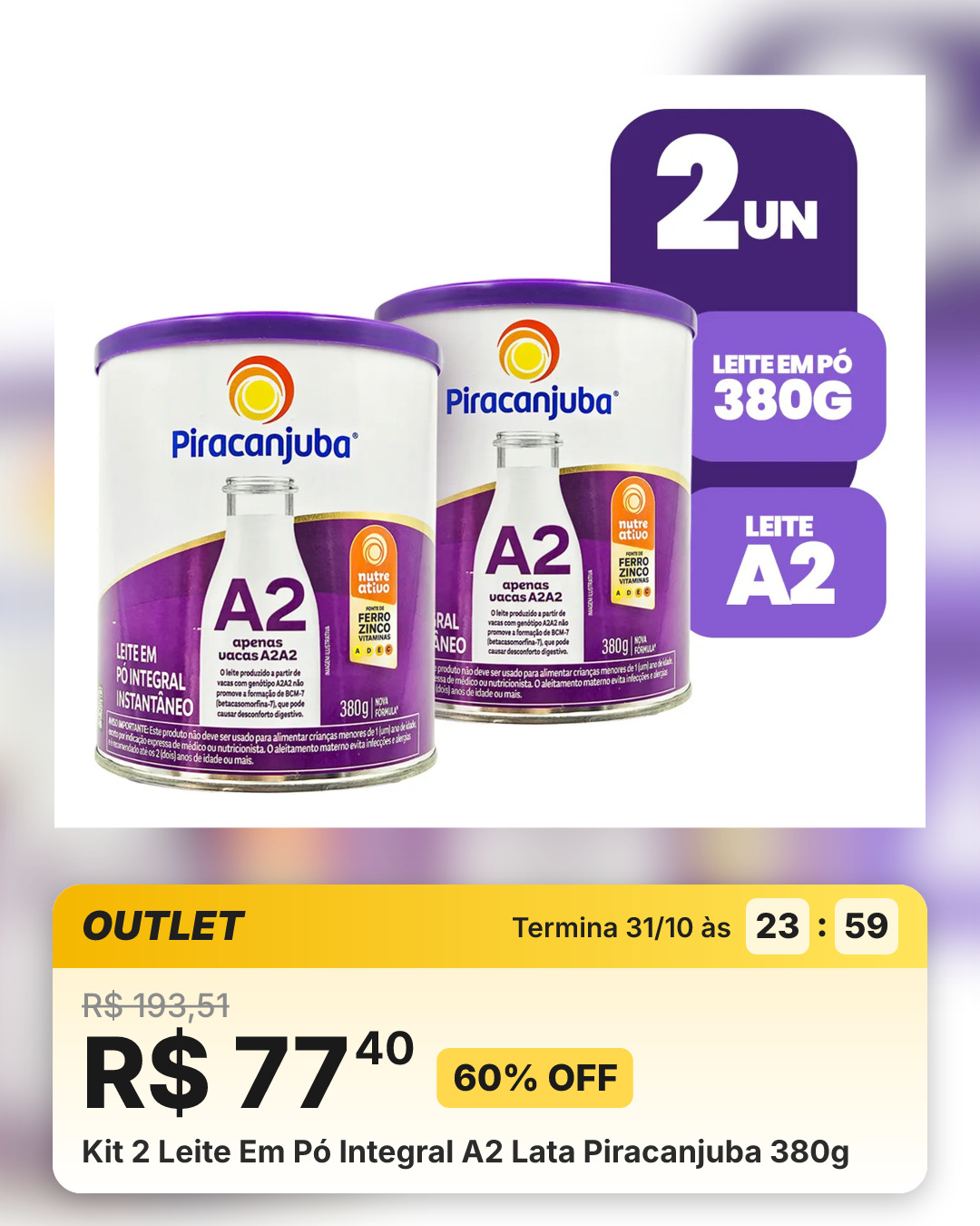 Kit 2 Leite Em Pó Integral A2 Lata Piracanjuba 380g