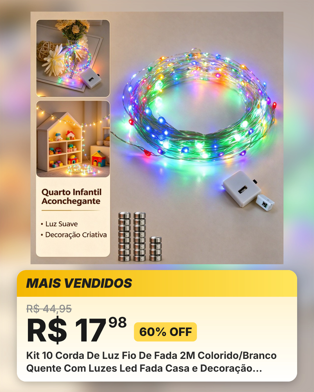 Kit 10 Corda De Luz Fio De Fada 2M Colorido/Branco Quente Com Luzes Led Fada Casa e Decoração Lluminação