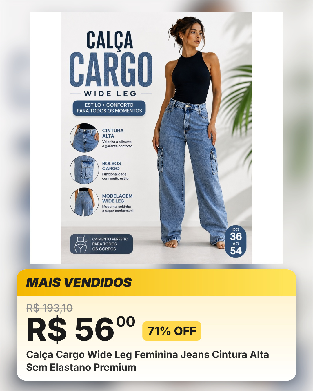 Calça Cargo Wide Leg Feminina Jeans Cintura Alta Sem Elastano Premium
