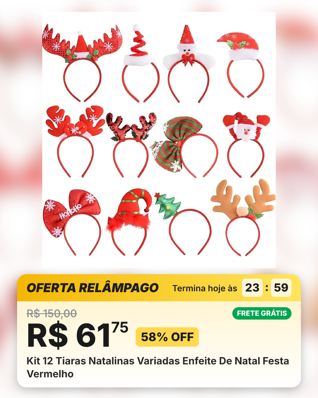 Kit 12 Tiaras Natalinas Variadas Enfeite De Natal Festa Vermelho