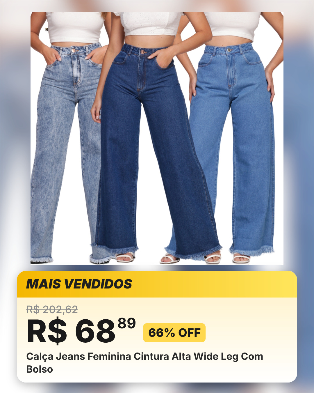 Calça Jeans Feminina Cintura Alta Wide Leg Com Bolso