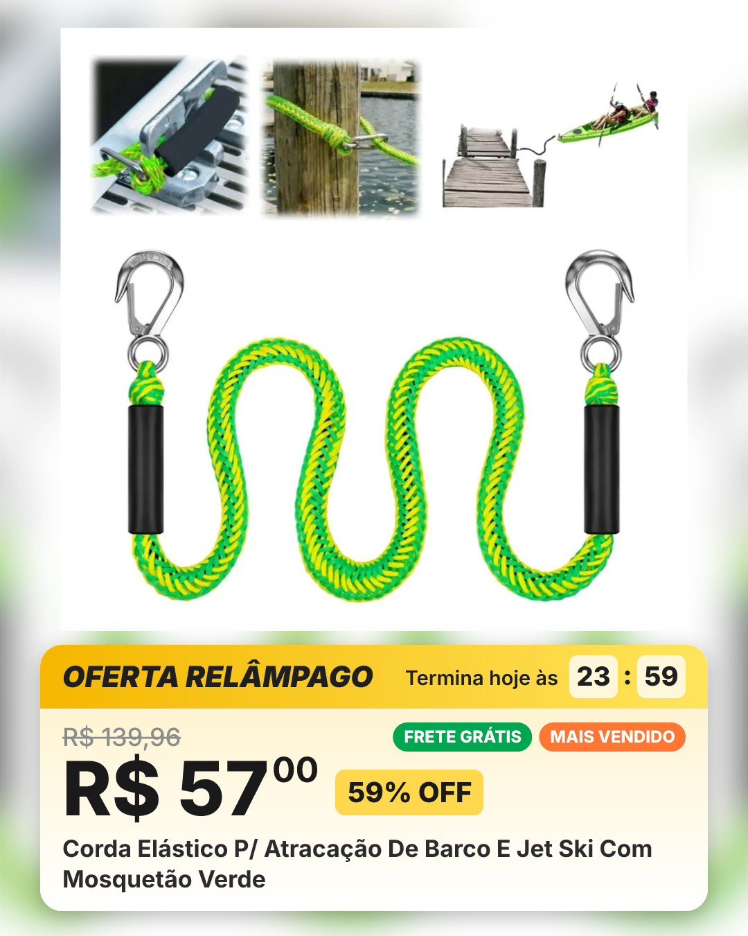 Corda Elástico P/ Atracação De Barco E Jet Ski Com Mosquetão Verde