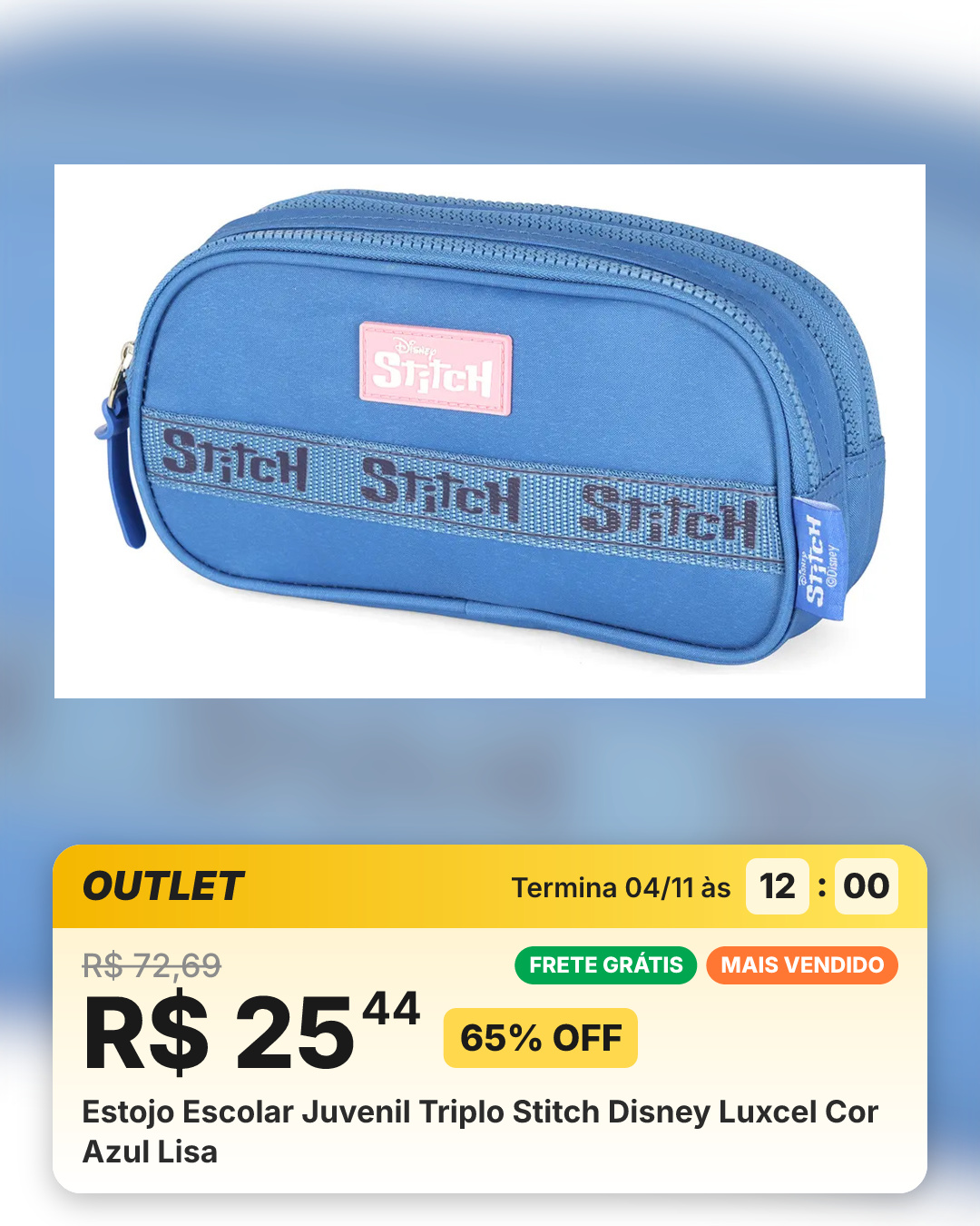 Estojo Escolar Juvenil Triplo Stitch Disney Luxcel Cor Azul Lisa
