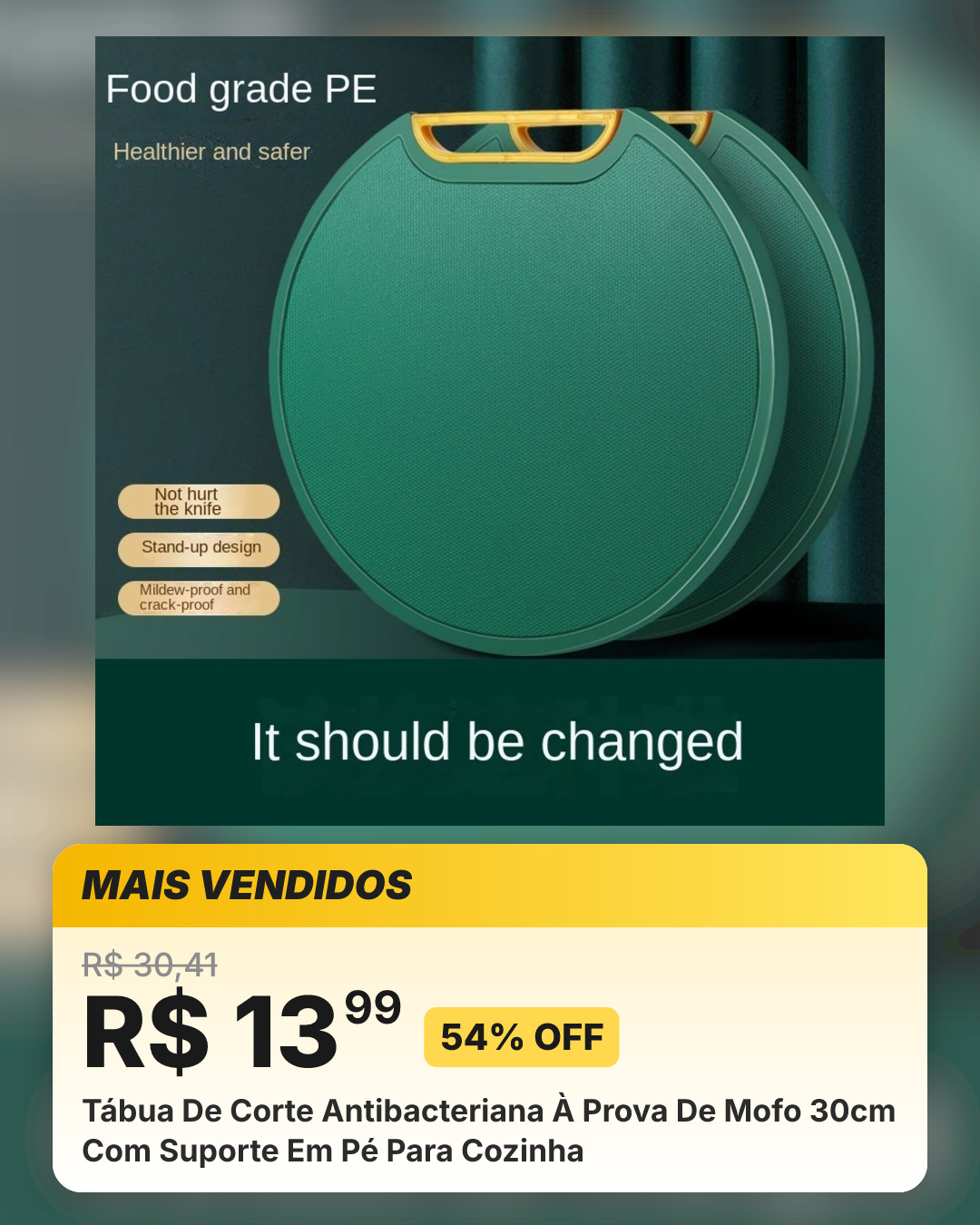 Tábua De Corte Antibacteriana À Prova De Mofo 30cm Com Suporte Em Pé Para Cozinha