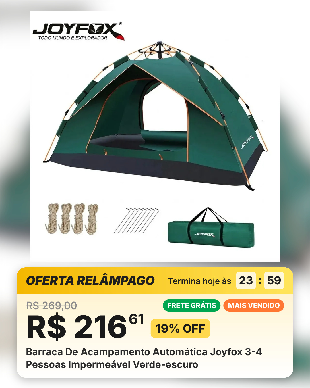 Barraca De Acampamento Automática Joyfox 3-4 Pessoas Impermeável Verde-escuro