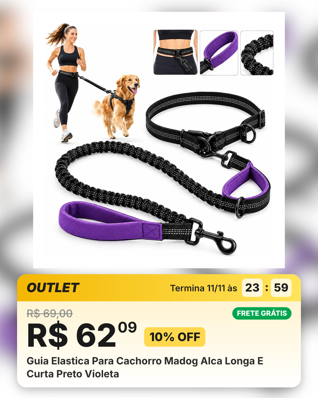 Guia Elastica Para Cachorro Madog Alca Longa E Curta Preto Violeta