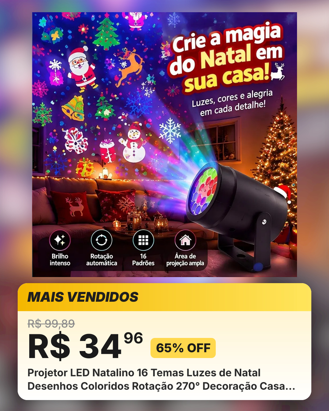 Projetor LED Natalino 16 Temas Luzes de Natal Desenhos Coloridos Rotação 270° Decoração Casa Jardim Parede Festa