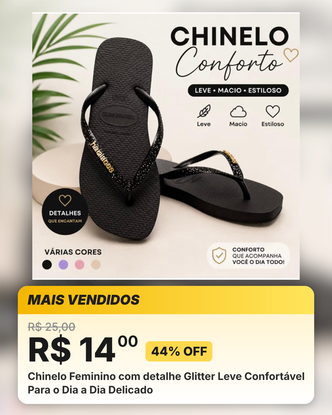 Chinelo Feminino com detalhe Glitter Leve Confortável Para o Dia a Dia Delicado