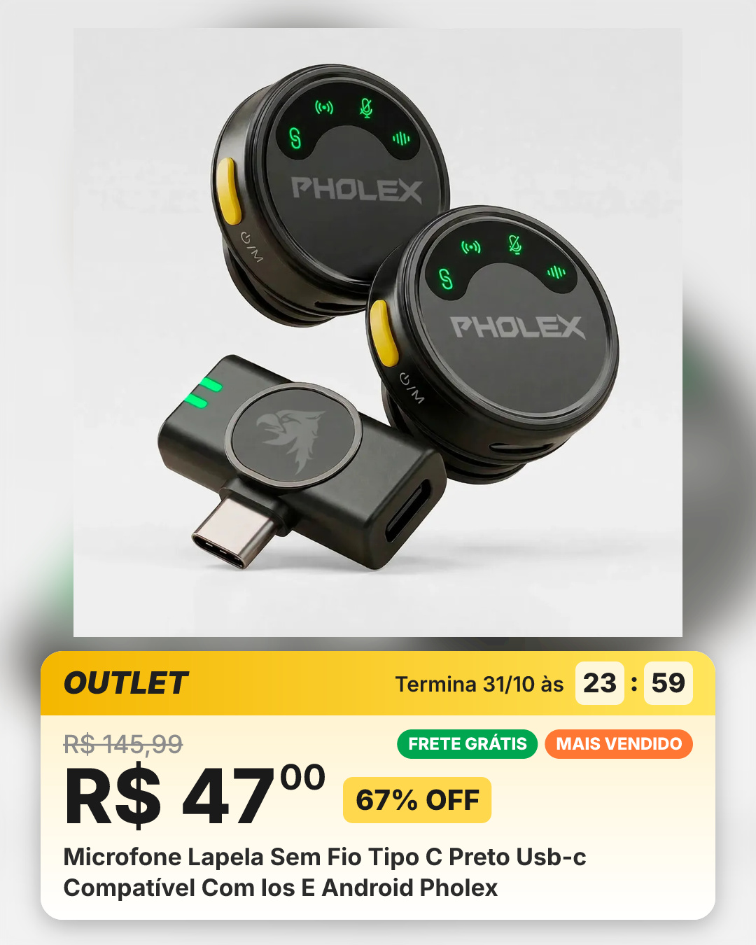 Microfone Lapela Sem Fio Tipo C Preto Usb-c Compatível Com Ios E Android Pholex