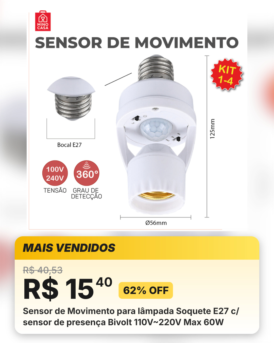 Sensor de Movimento para lâmpada Soquete E27 c/ sensor de presença Bivolt 110V~220V Max 60W
