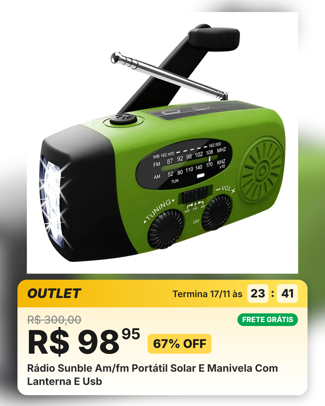 Rádio Sunble Am/fm Portátil Solar E Manivela Com Lanterna E Usb
