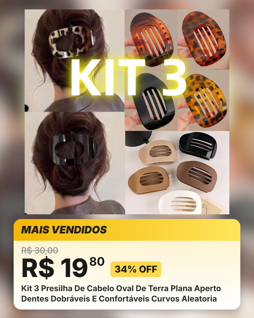 Kit 3 Presilha De Cabelo Oval De Terra Plana Aperto Dentes Dobráveis E Confortáveis Curvos Aleatoria
