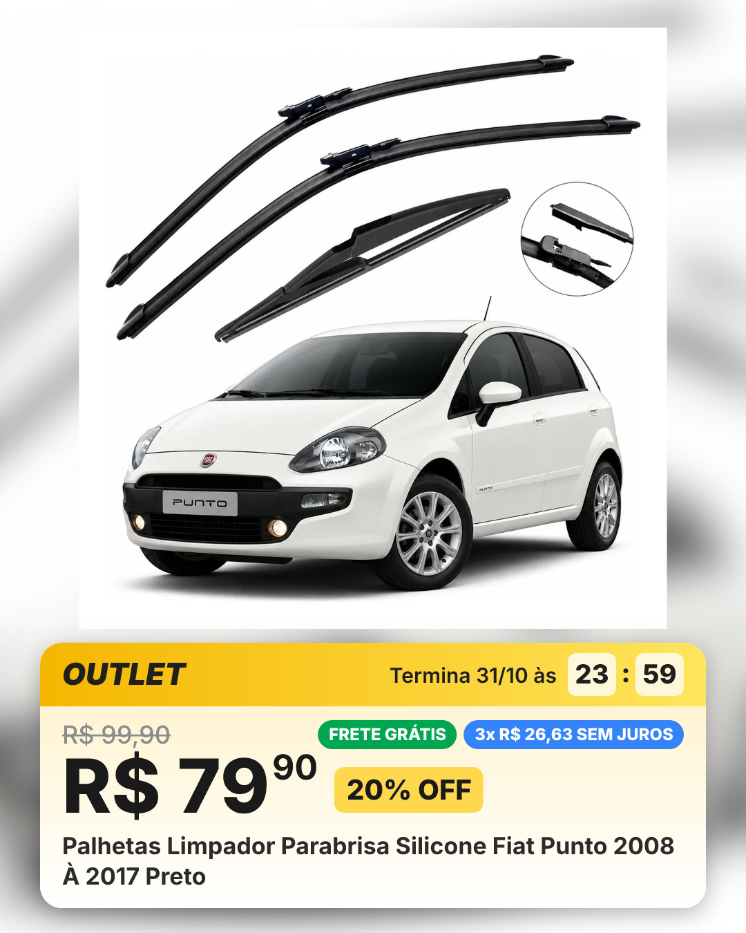 Palhetas Limpador Parabrisa Silicone Fiat Punto 2008 À 2017 Preto