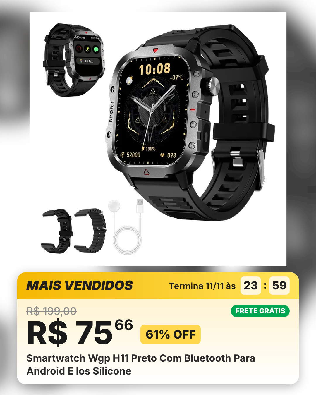 Smartwatch Wgp H11 Preto Com Bluetooth Para Android E Ios Silicone