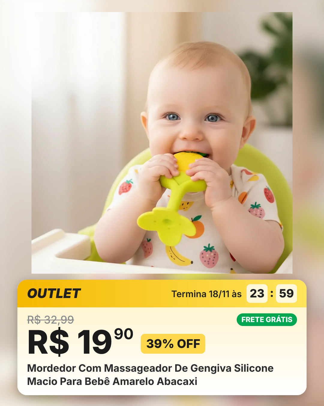 Mordedor Com Massageador De Gengiva Silicone Macio Para Bebê Amarelo Abacaxi