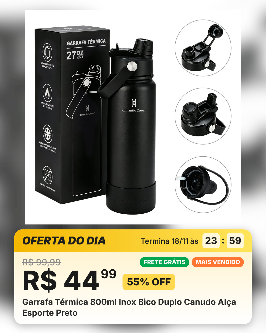 Garrafa Térmica 800ml Inox Bico Duplo Canudo Alça Esporte Preto