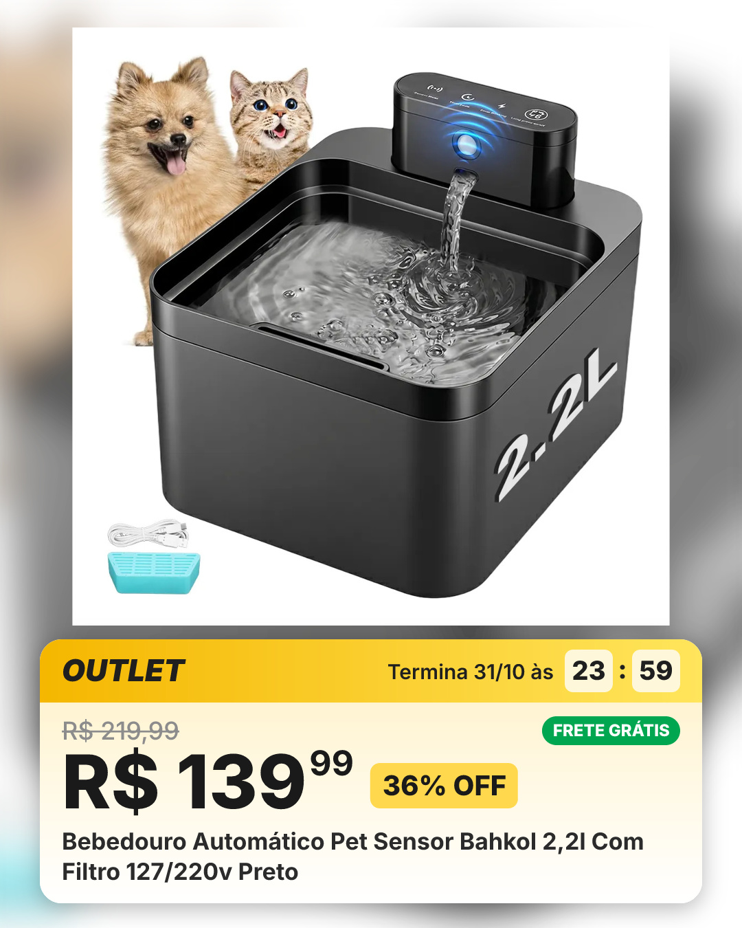 Bebedouro Automático Pet Sensor Bahkol 2,2l Com Filtro 127/220v Preto