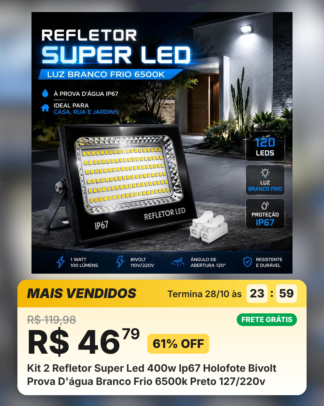 Kit 2 Refletor Super Led 400w Ip67 Holofote Bivolt Prova D'água Branco Frio 6500k Preto 127/220v