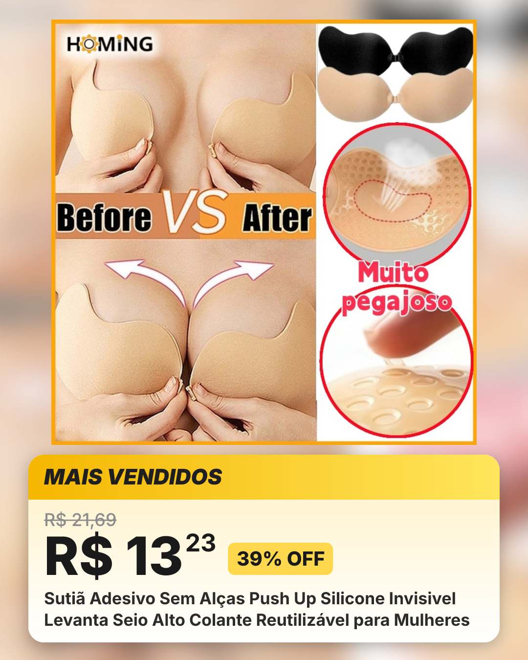 Sutiã Adesivo Sem Alças Push Up Silicone Invisivel Levanta Seio Alto Colante Reutilizável para Mulheres