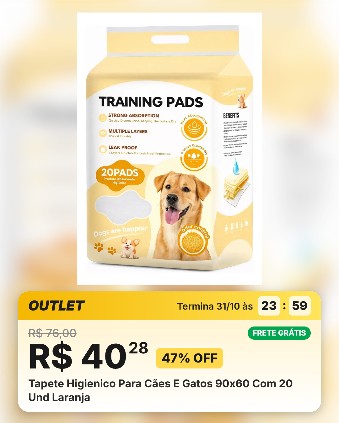 Tapete Higienico Para Cães E Gatos 90x60 Com 20 Und Laranja