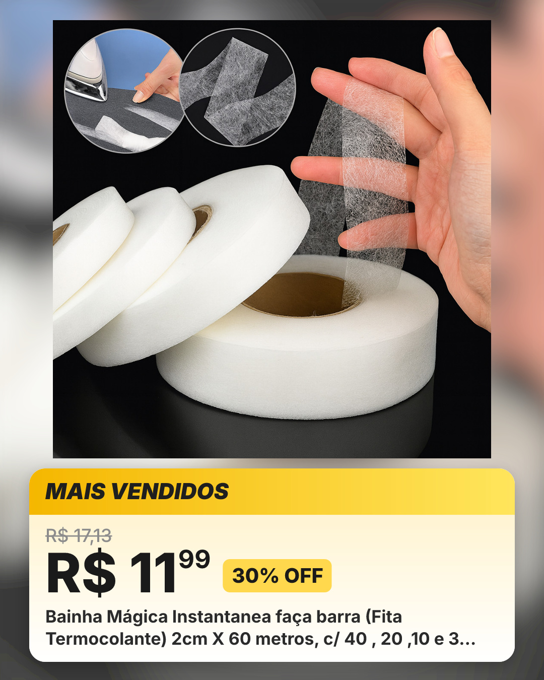 Bainha Mágica Instantanea faça barra (Fita Termocolante) 2cm X 60 metros, c/ 40 , 20 ,10 e 3 metros