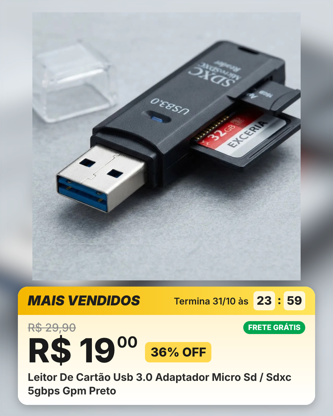 Leitor De Cartão Usb 3.0 Adaptador Micro Sd / Sdxc 5gbps Gpm Preto