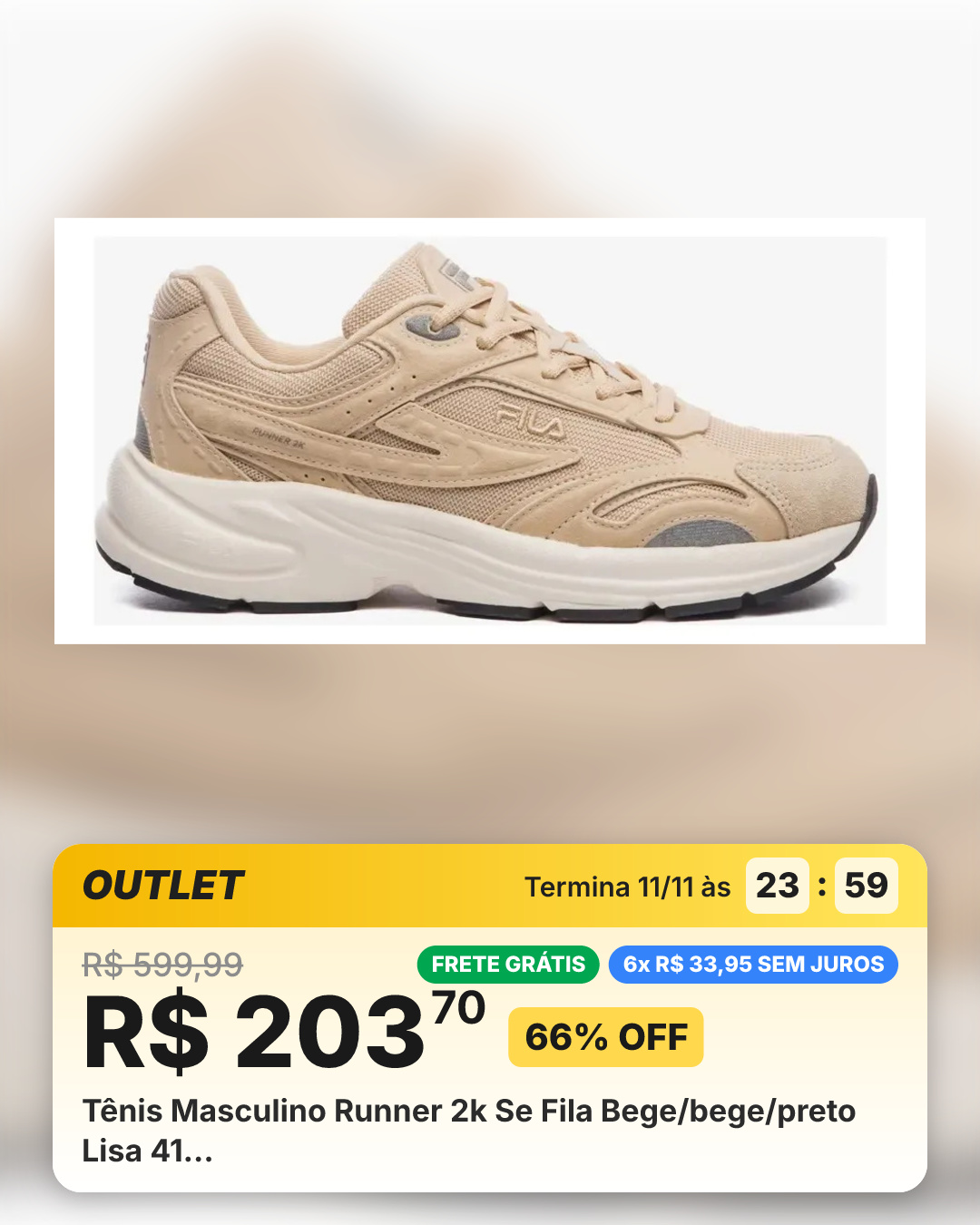 Tênis Masculino Runner 2k Se Fila Bege/bege/preto Lisa 41…