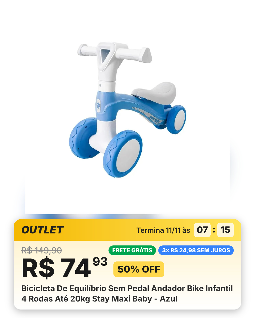 Bicicleta De Equilíbrio Sem Pedal Andador Bike Infantil 4 Rodas Até 20kg Stay Maxi Baby - Azul