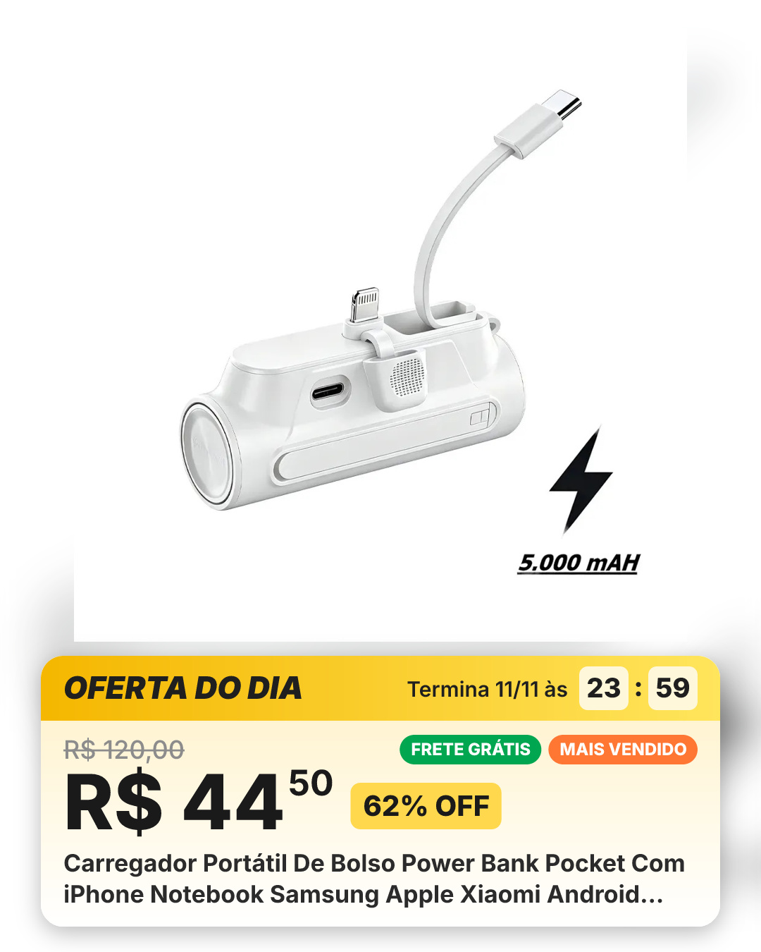 Carregador Portátil De Bolso Power Bank Pocket Com iPhone Notebook Samsung Apple Xiaomi Android Mac Ios 5000mah Branco
