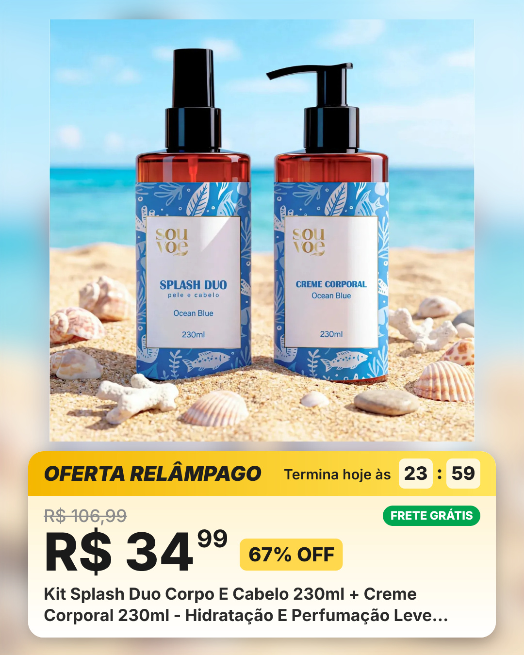 Kit Splash Duo Corpo E Cabelo 230ml + Creme Corporal 230ml - Hidratação E Perfumação Leve Rotina Completa Autocuidado Diário Body & Hair Splash - Ocean Blue Sou Voe
